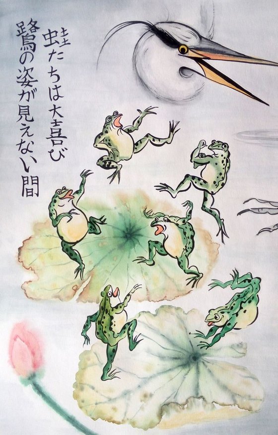 AN INTERRUPTED PARTY six frogs scatter threatened by heron - Japanese style