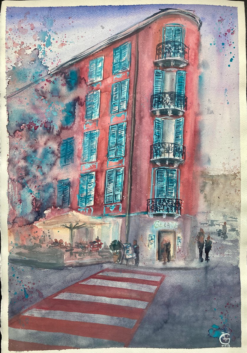 Impressionistic Cityscapes Watercolour By Valeria Golovenkina, 15 X 22", Pink House In San Remo, Original Artwork