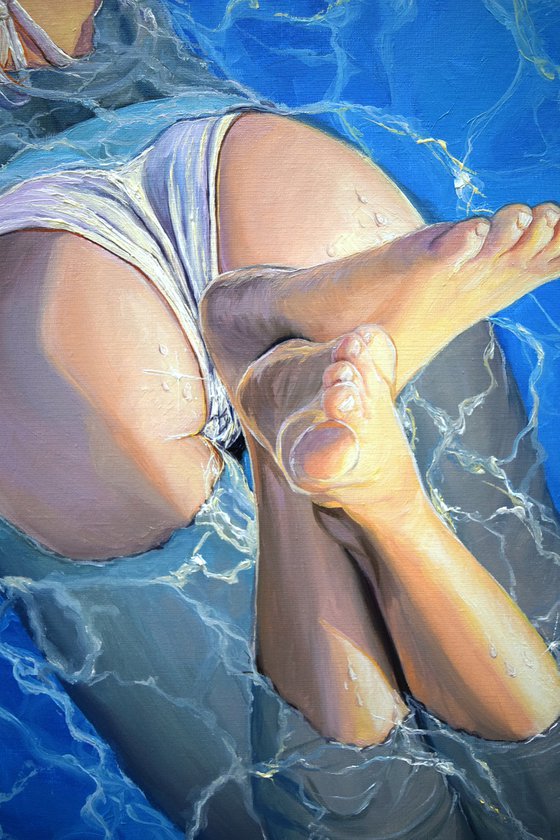 "My sweet august" -  100 x 60 cm / woman in pool, photorealism, water, summer, realistic, swimmer