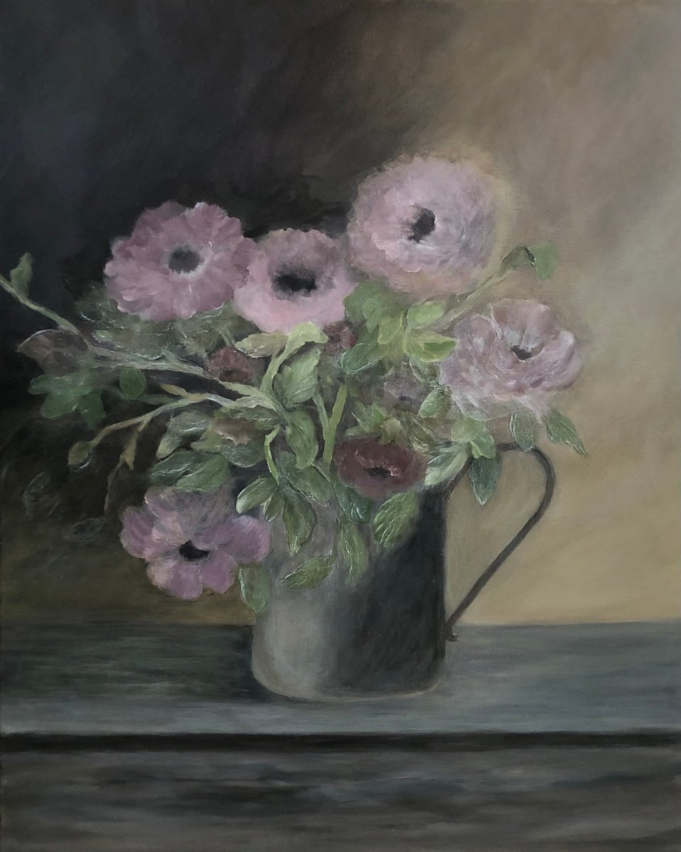 Impressionistic Still Life Acrylic Painting By Tamara Bettencourt, 24 X 30", Floral In Vintage Tin Can, Original Artwork