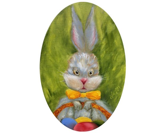 Easter Bunny with eggs - Small ellipse canvas - Funny gift idea