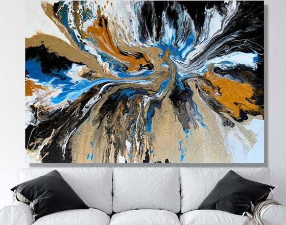 The Shining of Gold #6 - LARGE, VIBRANT, WHITE , GOLD, BLACK & BLUE ABSTRACT ART – EXPRESSIONS OF ENERGY AND LIGHT. READY TO HANG!