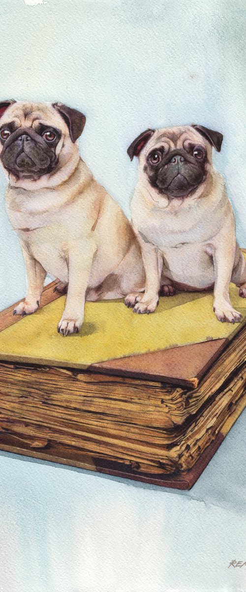 TWO PUGS with OLD BOOK by REME Jr.