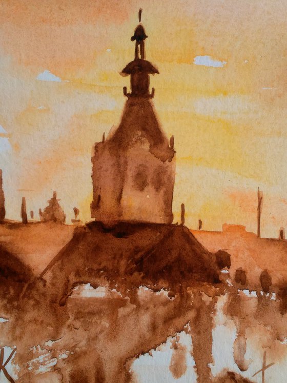 Lviv Painting Cityscape Original Art Ukraine Small Watercolor Artwork Home Wall Art 12 by 8" by Halyna Kirichenko