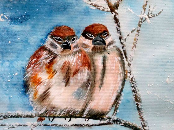 Sparrow Painting Bird Original Art Small Home Watercolor Wall Art Animal Painting 11 by 8" by Halyna Kirichenko