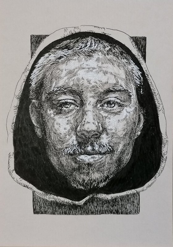 Man in hood. Ink portrait.