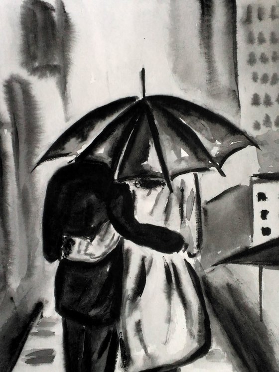 New Yorker Painting Couple Original Art Ambrella Watercolor NYC Artwork Walk Small Cityscape Home Wall Art 8 by 12" by Halyna Kirichenko