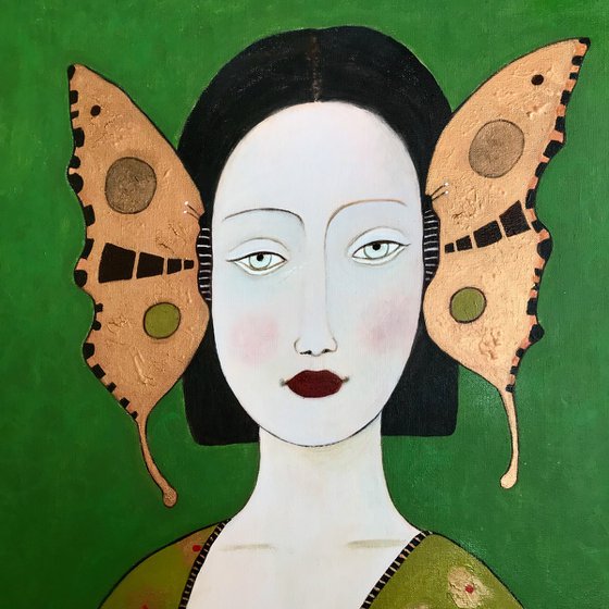 Lady with copper butterflies