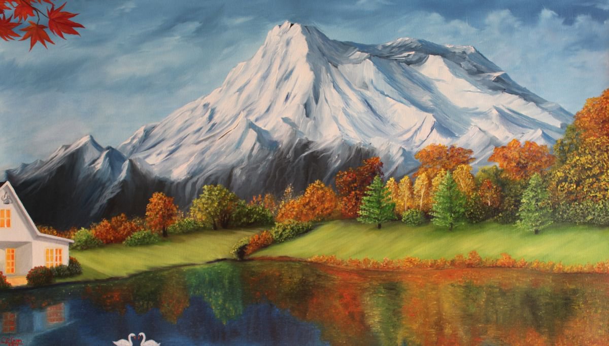 Peace in Mountain - Landscape oil painting by Goutami Mishra