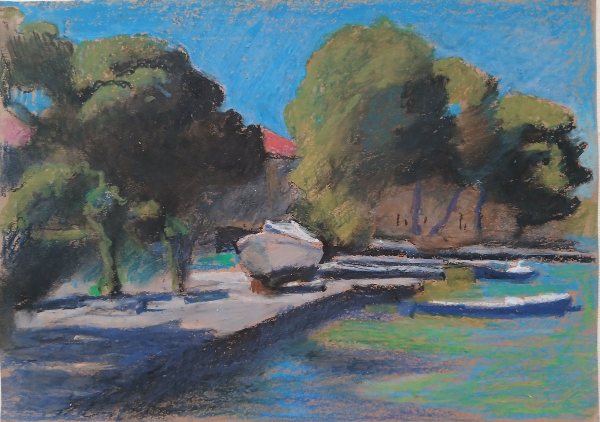 Graphic Landscape Pastel Drawing By Vasyl Koval, 13 X 9", Quiet Harbor, Original Artwork
