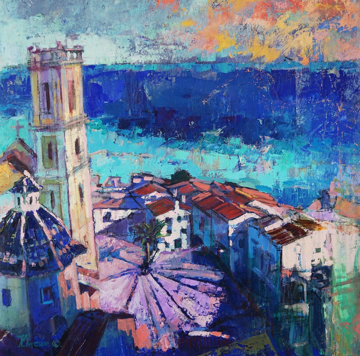 Impressionistic Landscape Oil Painting By Luis Rincon, 22 X 22", Flying Over Altea, Original Artwork