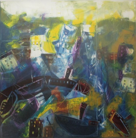 oil scretched abstract city painting xl 39x39 inch