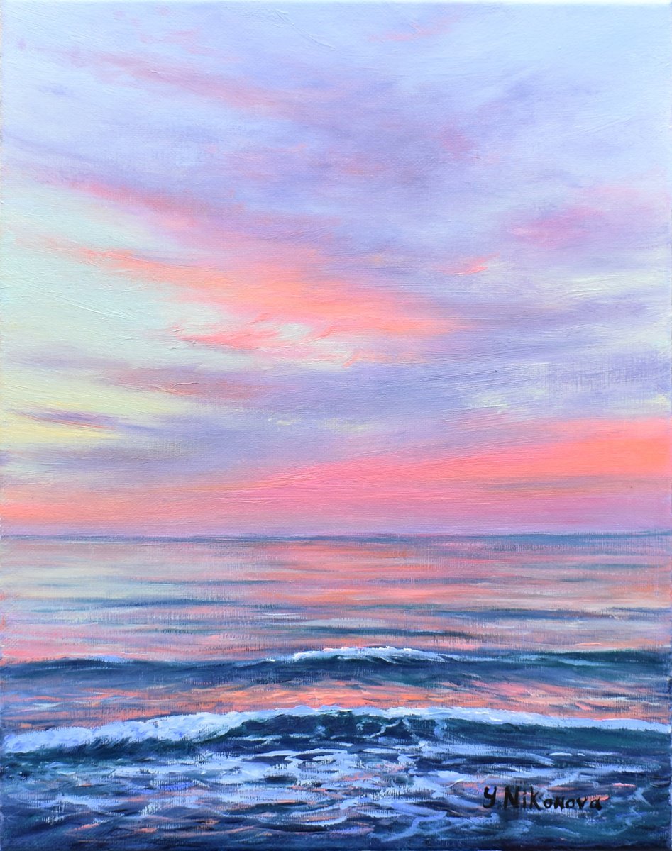 Impressionistic Landscape Oil Painting By Yulia Nikonova, 11 X 14", Tender Clouds, Original Artwork