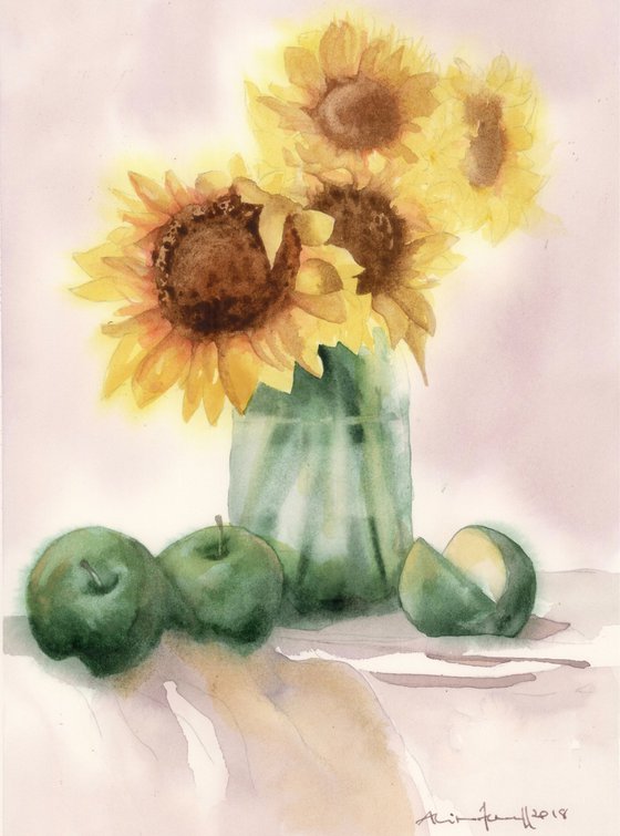 Sunflower Symphony - Original Watercolour Painting of Sunflowers and apples - UK Artist