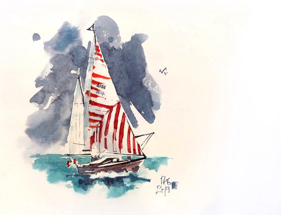 Watercolor sketch "Yacht with striped sails" - series "Artist's Diary"