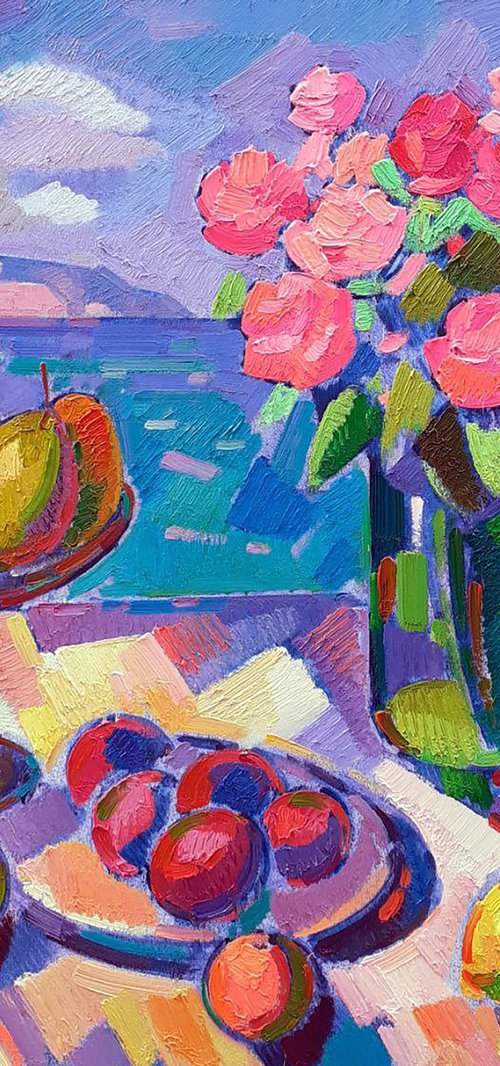 Roses and fruits on the shore by Peter Tovpev