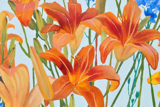 Orange Daylilies, Delphinium