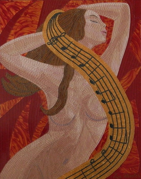 Passion for Music - Original, unique, figurative glass mosaic nude musical mood