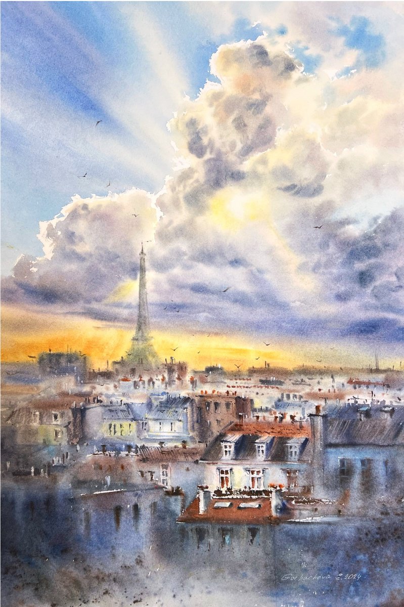 Impressionistic Cityscapes Watercolour By Eugenia Gorbacheva, 15 X 22, Paris At Sunset, Original Artwork