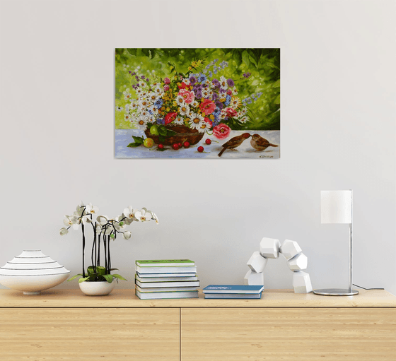 Wildflower Basket with Birds