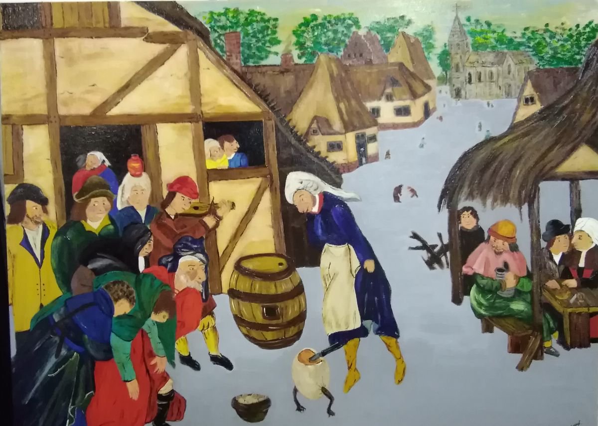 Naive Portrait Oil Painting By Corinne Hamer, 32 X 24, The Egg Dance, Original Artwork