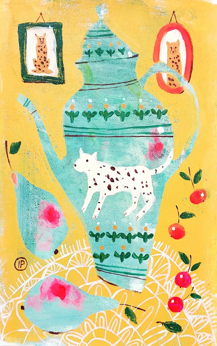 Impressionistic Animal Acrylic Painting By Irina Plaksina, 8 X 12, Coffee With Cheetahs, Original Artwork