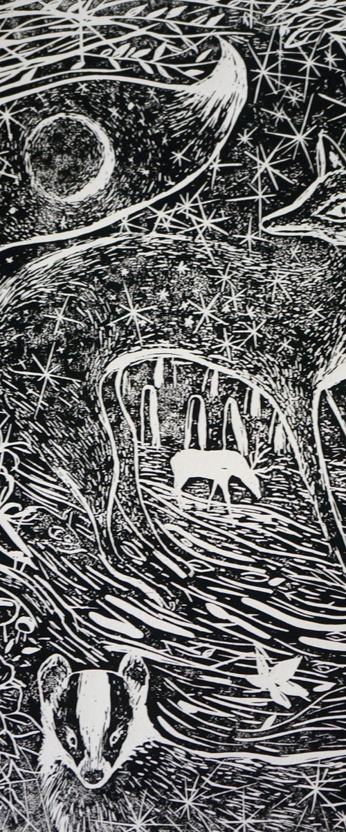 Nocturn Wildlife Linocut Print by Victoria Lucy Williams