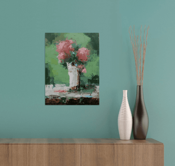 Abstract still life painting. Flowers in vase oil painting