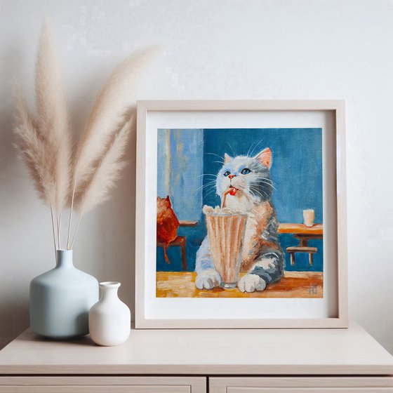 A cat with a milkshake, Cute Cat Portrait Oil Painting Funny Pet Art