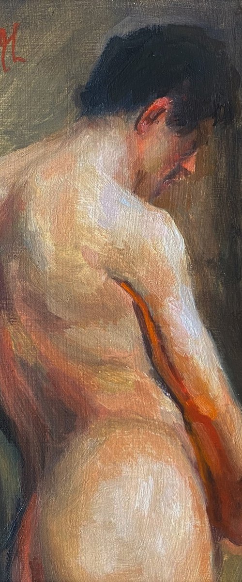 Old Master style male nude figure oil painting, with wooden frame. by Jackie Smith
