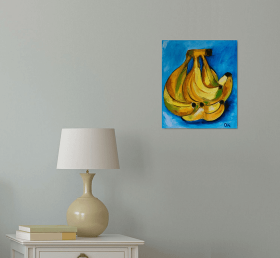 Bananas on  turquoise  Still life. Palette knife painting on linen canvas