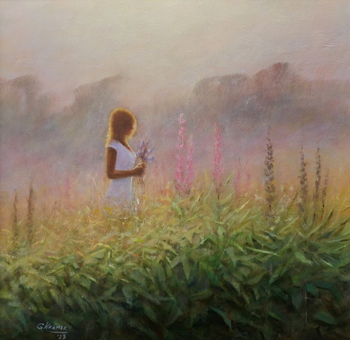 Impressionistic Portrait Acrylic Painting By Gerard Kramer, 16 X 16, Summer Fields, Original Artwork