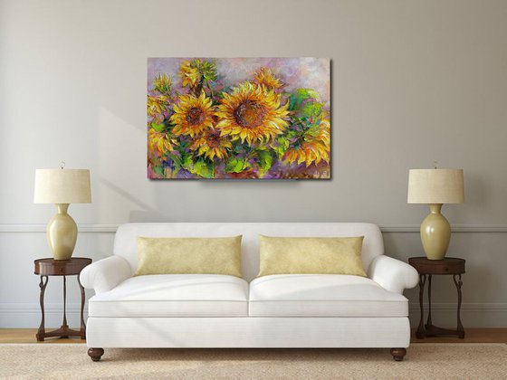 Sunflowers - Painting Oil Original, canvas, Bouquet of sunflowers, flowers sun, still life with sunflower,  impressionist artwork home decor