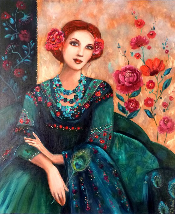 Adagio indigo 46 x 55 cm. Redheaded woman with shawl