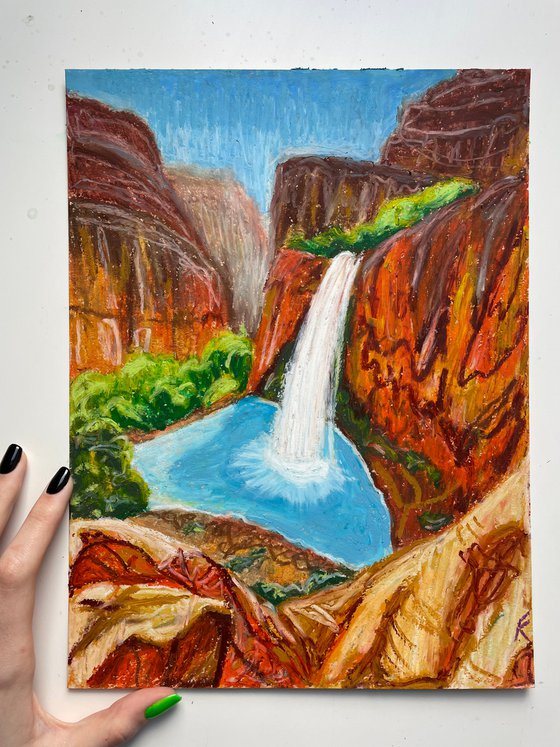 Grand Canyon Original Painting, Waterfall Oil Pastel Drawing, Havasu Falls Picture, National Park Wall Art, Gift for Him