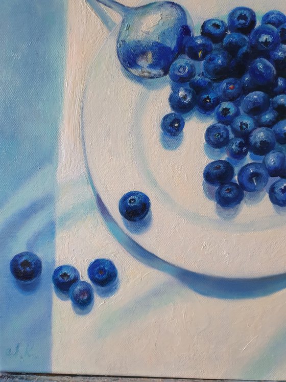 "Slightly sour.  "  still life summer blueberry blue berries  white liGHt original painting  GIFT (2021)