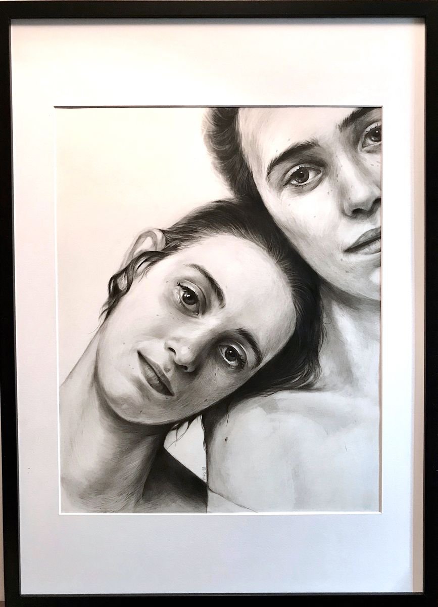 Photorealistic Portrait Pencil Drawing By Marina Popkova-Sologub, 20 X 29", Sisters, Original Artwork