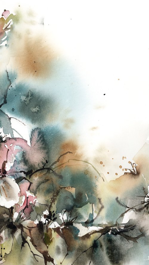 Abstract florals in teal and blush pink by Sophie Rodionov