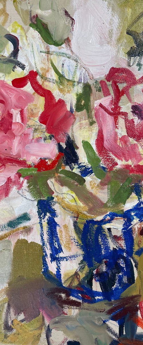 Roses in a blue cup by Lilia Orlova-Holmes