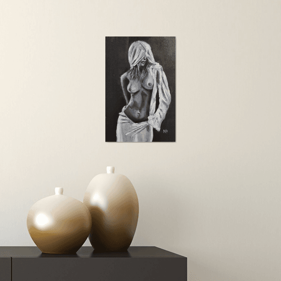 In the hood, nude erotic gestural oil painting, gift, black and white painting