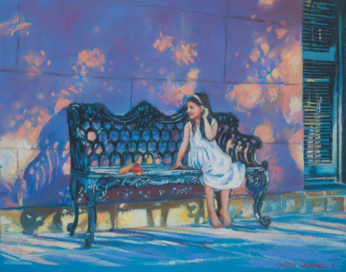Young Girl On Bench With Red Shoes by Andre Leonard