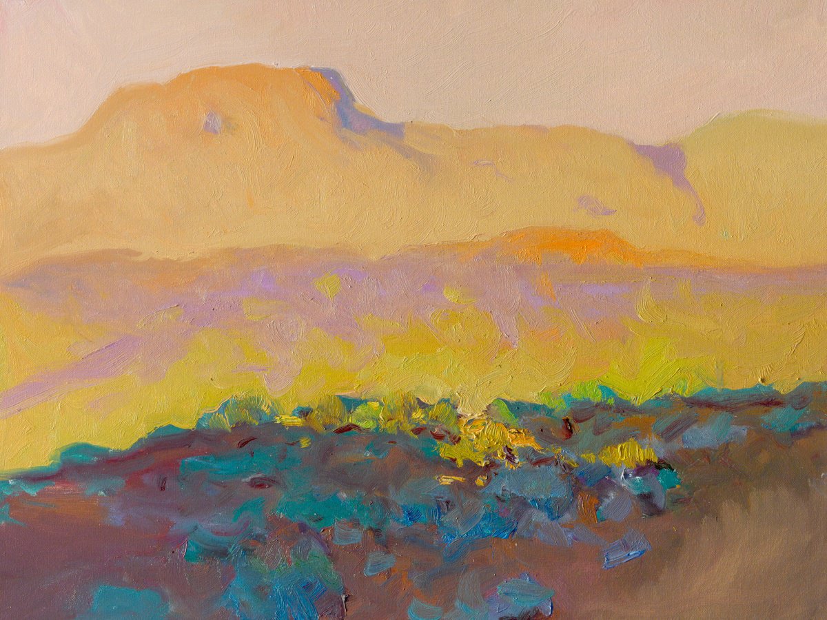 Expressive Landscape Oil Painting By Suren Nersisyan, 24 X 18", Desert, Evening, Original Artwork