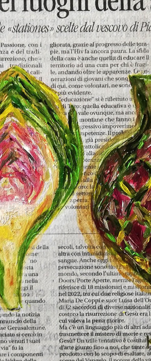 "Artichokes on Newspaper" Original Oil on Canvas Board Painting 8 by 8 inches (20x20 cm) by Katia Ricci