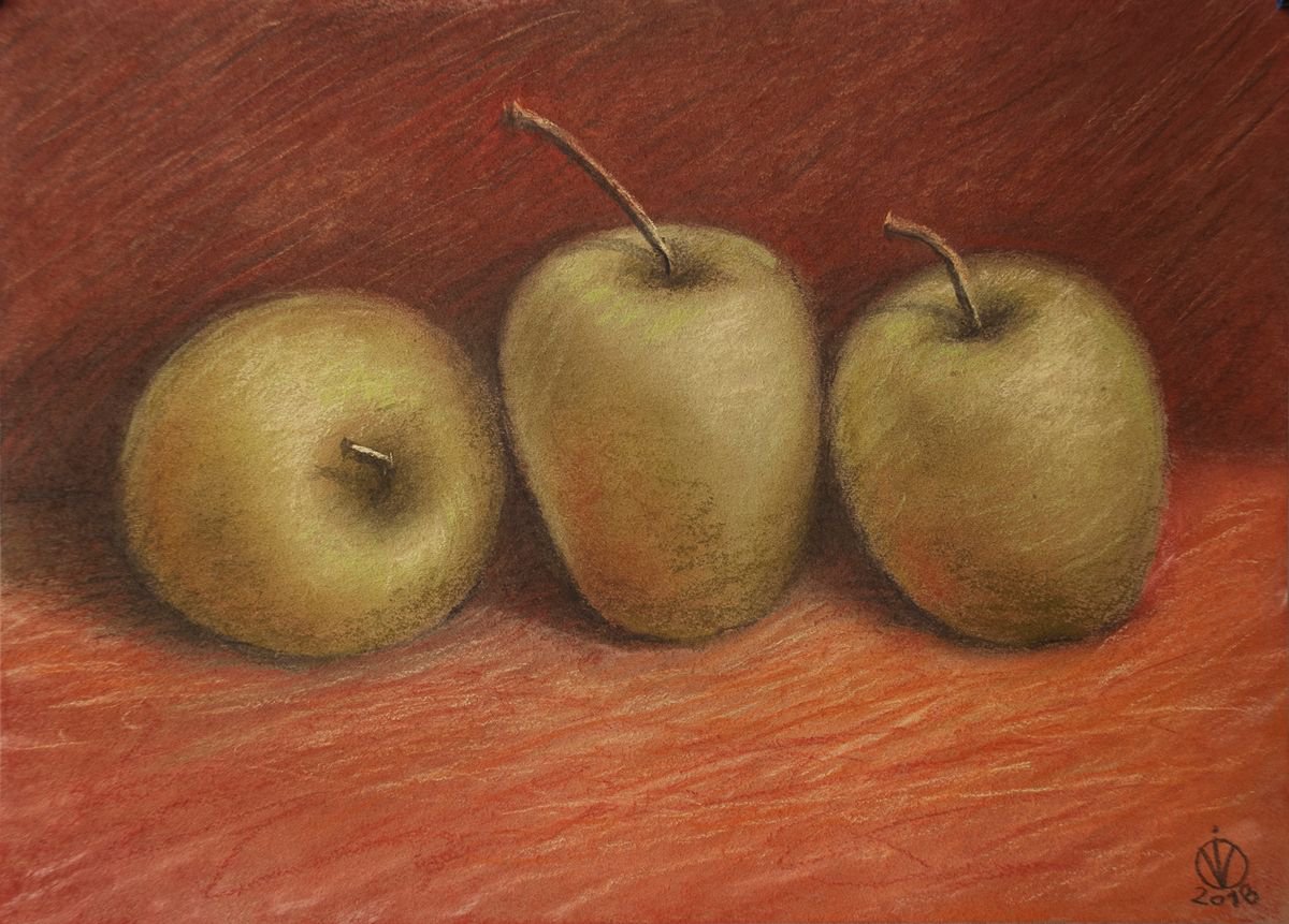 Three Apples (21.5x29.5 cm) original pastel still life realistic by Vio Valova