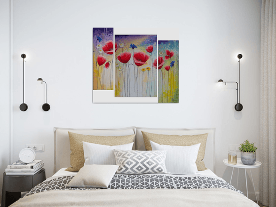 Abstract red poppies (20x60 40x60 20x60cm, acrylic painting, ready to hang)