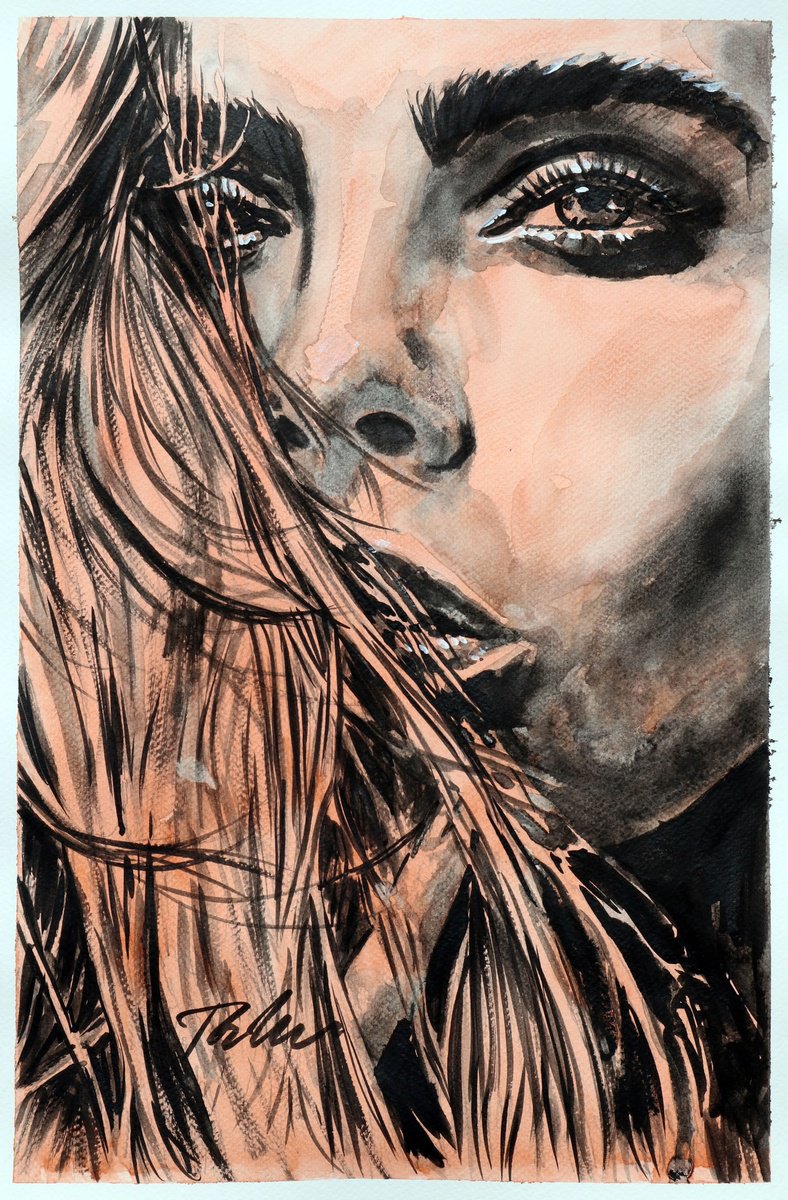 Urban And Pop Portrait Ink Drawing By Tashe, 12 X 18", Shrouded Beauty, Original Artwork