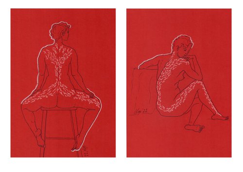 Diptych nude women - Set of 2 red and white sensual female portrait - Erotic mixed media drawings by Olga Ivanova