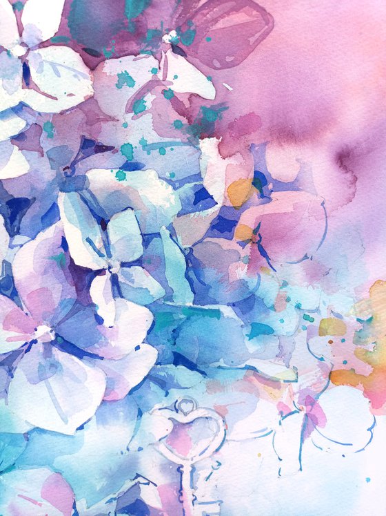 "Hydrangea in romantic color" original watercolor artwork