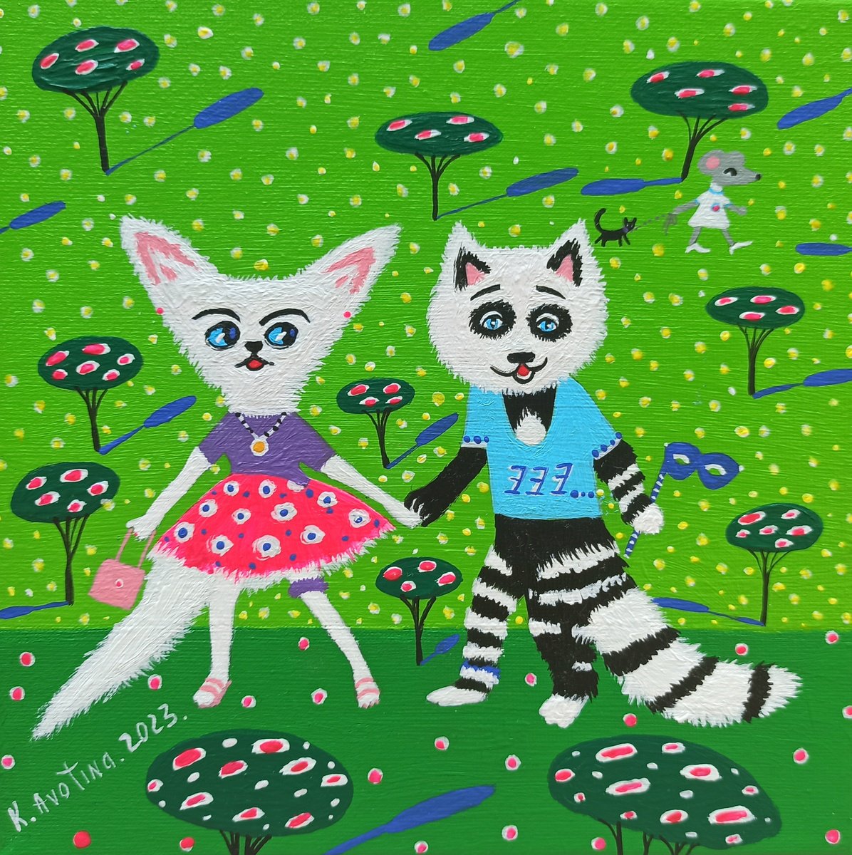 Impressionistic Animal Acrylic Painting By Katrina Avotina, 8 X 8", The First Rendez-Vous, Original Artwork