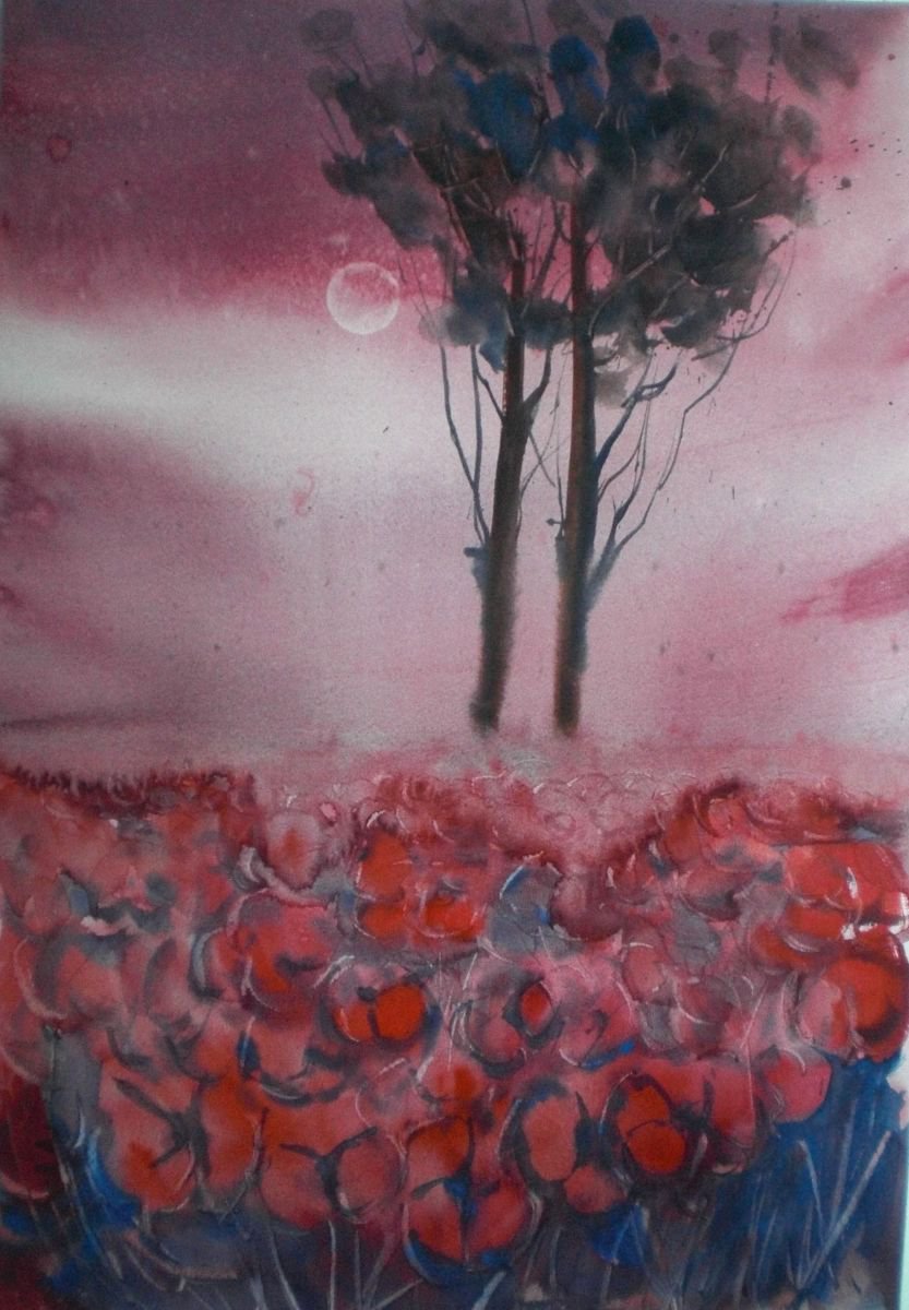 Expressive Landscape Watercolour By Giorgio Gosti, 13 X 19, Poppies Field, Original Artwork